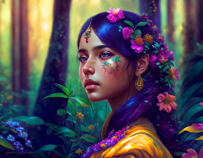 Vibrant woman with floral hair and forest background