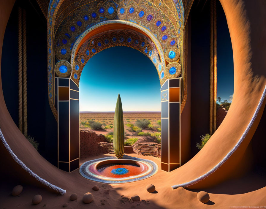 Detailed surreal desert landscape with arched doorway and obelisk