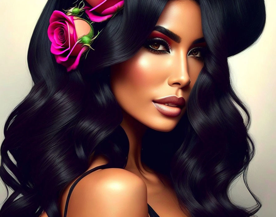 Digital Illustration: Woman with Voluminous Black Hair and Pink Rose