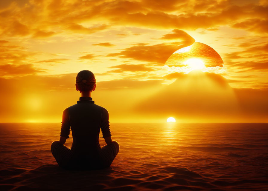 Meditative Figure on Water at Vibrant Sunset