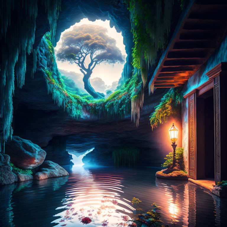 Serene cave with glowing tree, lamp, and floating flowers