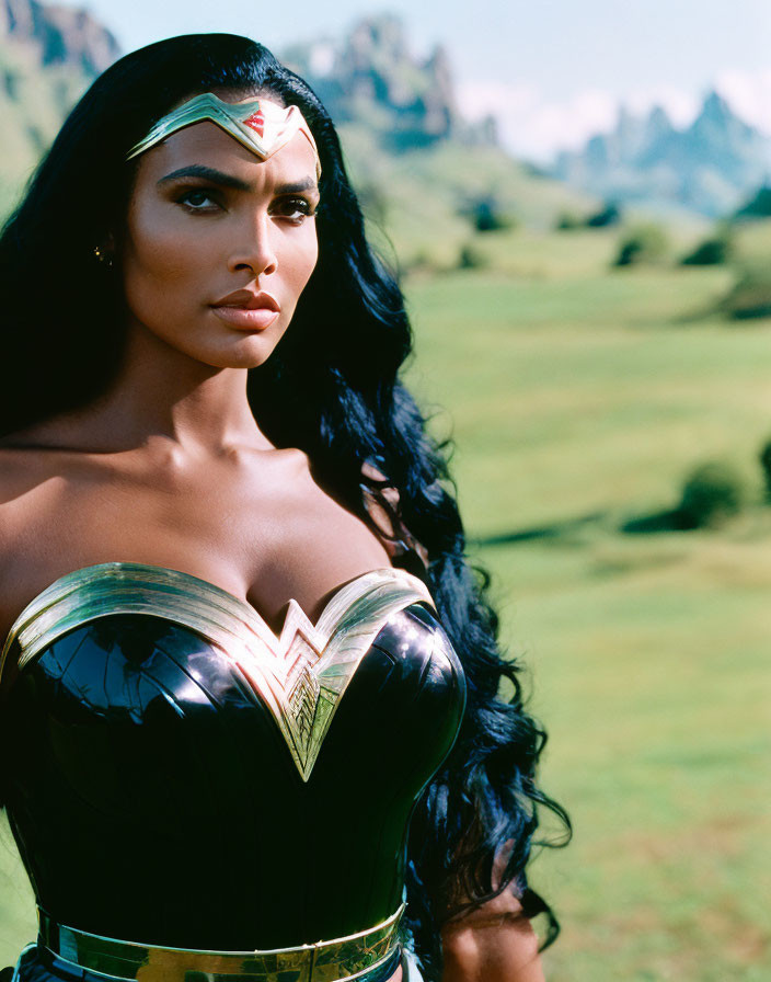 Woman in Wonder Woman costume with headpiece against green hills