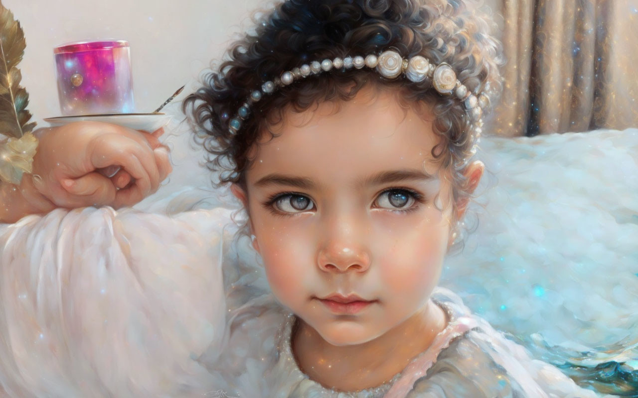 Portrait of young child with brown eyes and pearl headband, arm on cushion, pink candle holder.