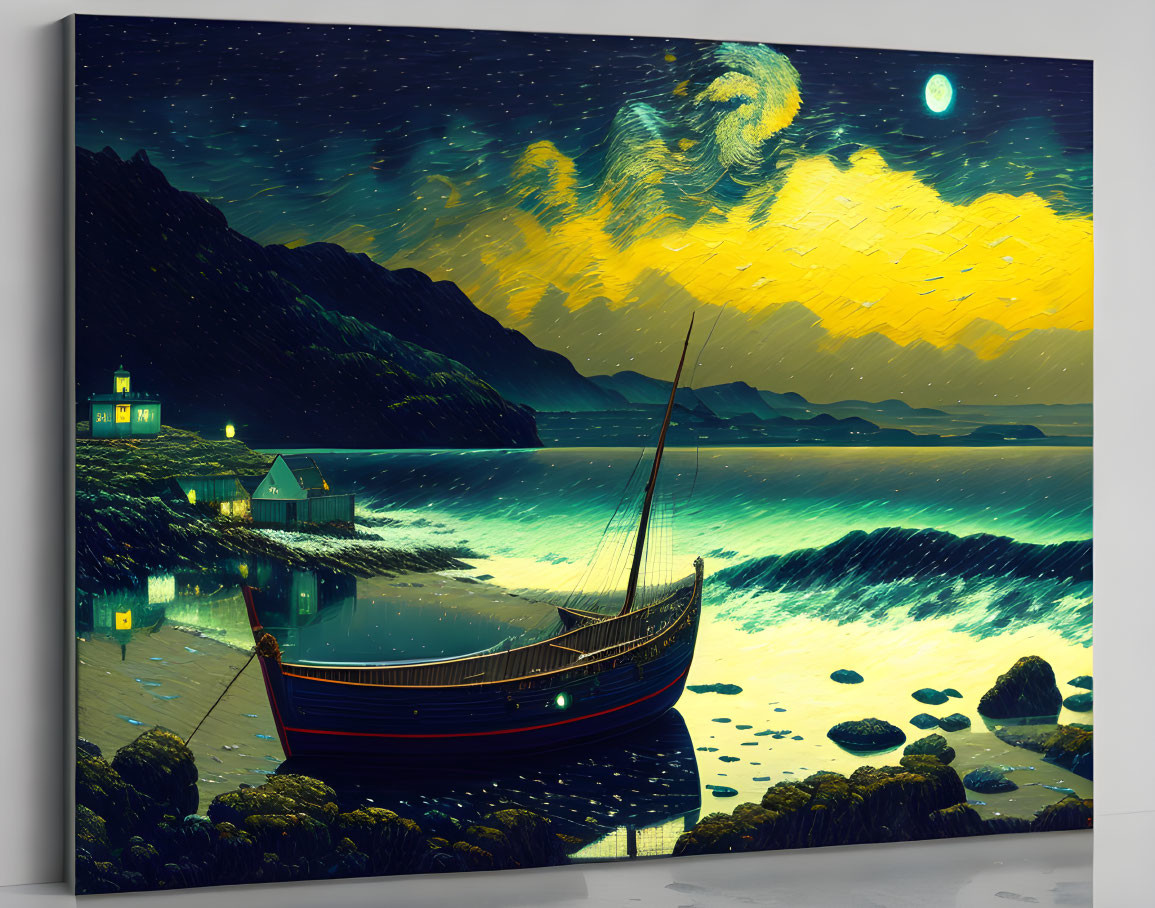 Starry night sky digital artwork on canvas with coastal scene