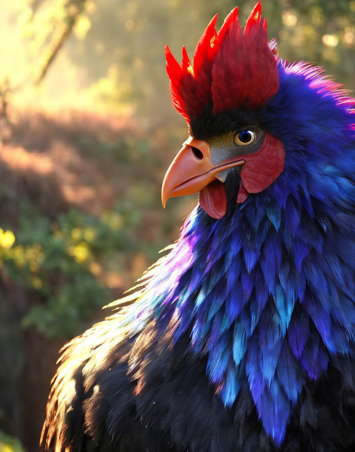 Colorful Rooster with Blue Feathers and Red Comb in Sunlight