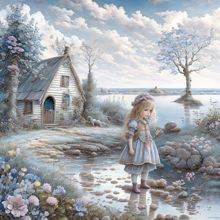 Young girl in vintage dress near tranquil lake by quaint cottage surrounded by lush nature