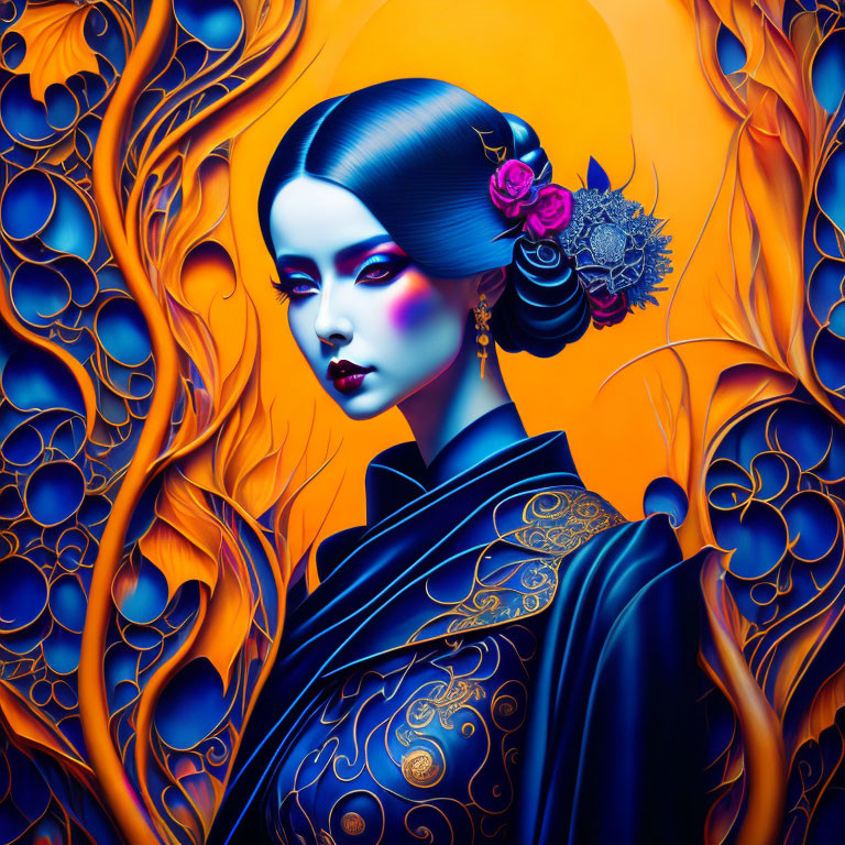 Stylized portrait of woman with blue skin in traditional attire