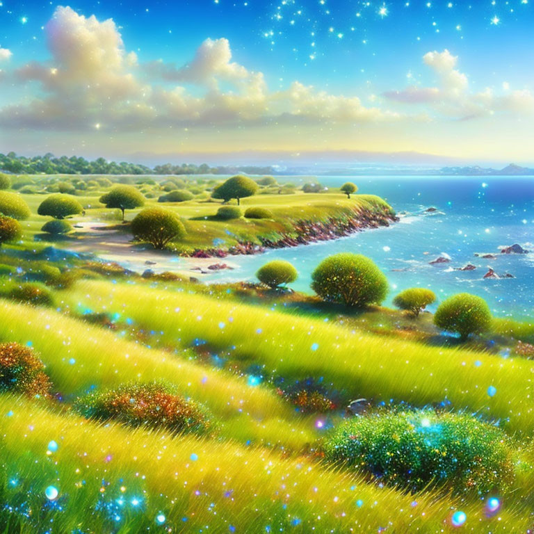 Fantasy Landscape with Twinkling Lights and Serene Coastline