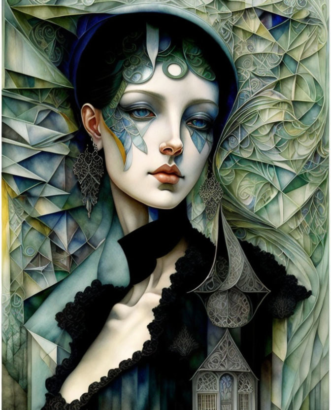 Pale woman with blue makeup and hat against intricate backdrop.