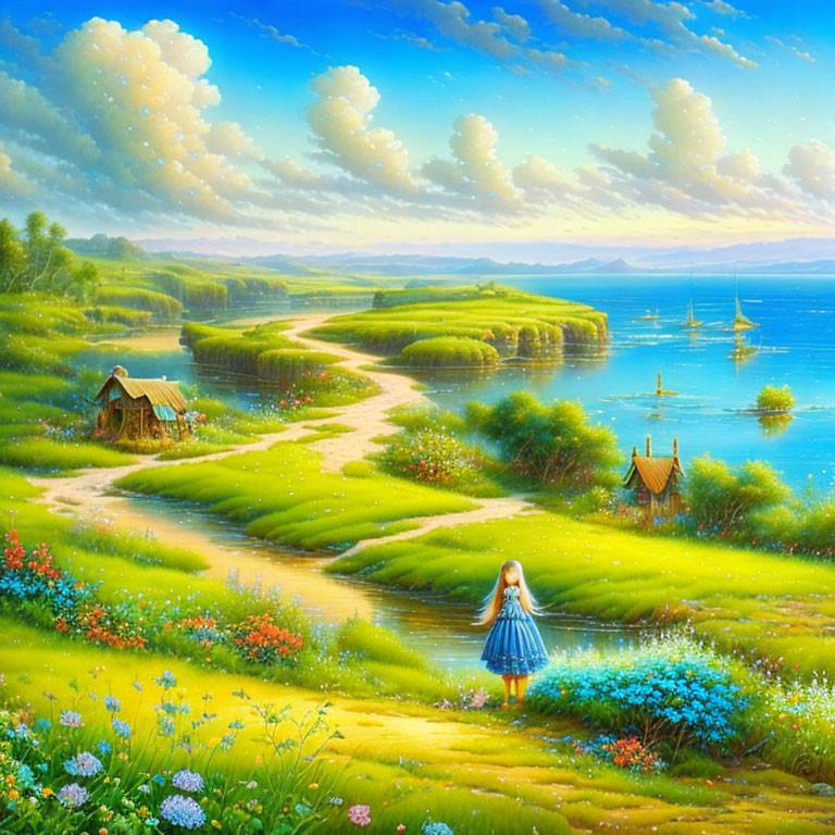 Colorful painting: Young girl in blue dress by riverside with boats, hut, greenery,