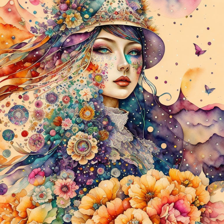 Colorful Floral Hat Woman Illustration with Flowers, Butterflies, and Stars