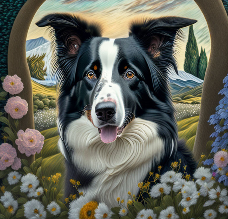 Black and White Border Collie in Floral Field with Mountains and Wooden Arch