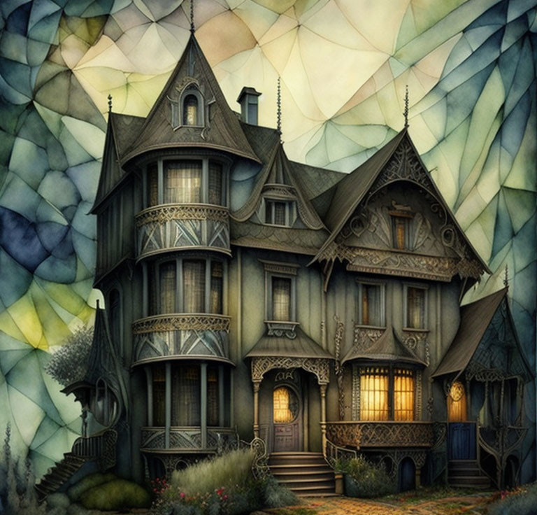 Victorian-style house illustration with intricate details and stained glass-like patterns