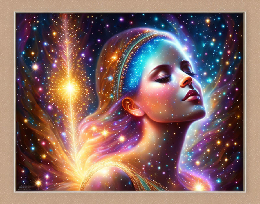 Cosmic-themed digital portrait of a serene woman