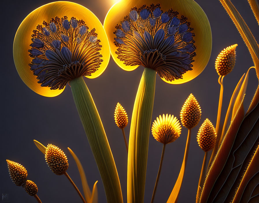 Stylized digital art: Luminescent yellow flowers on dark backdrop