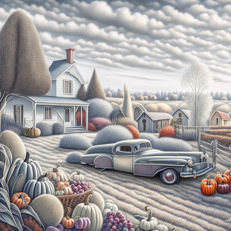 Vintage car parked near house in autumn scene with pumpkins and hills under cloud-striped sky