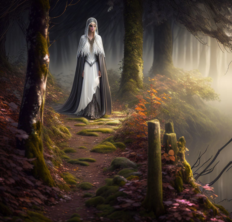 Fantasy-style figure in white and black cloak on mossy forest path