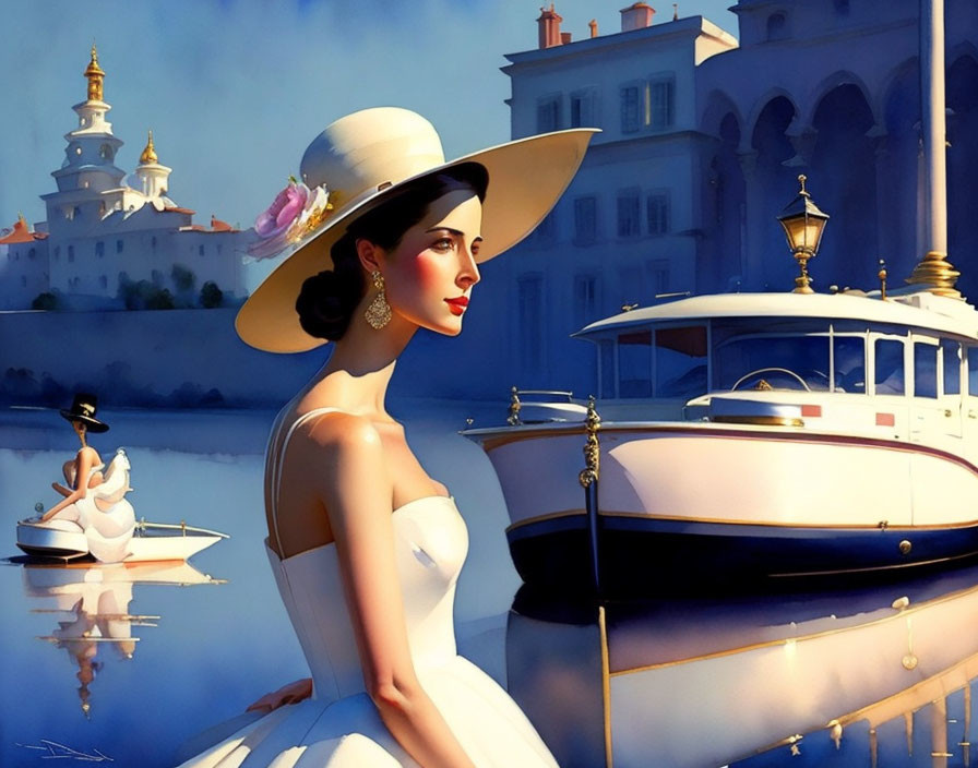 Sophisticated woman in white dress and hat at marina with vintage yacht and rowboat, eth