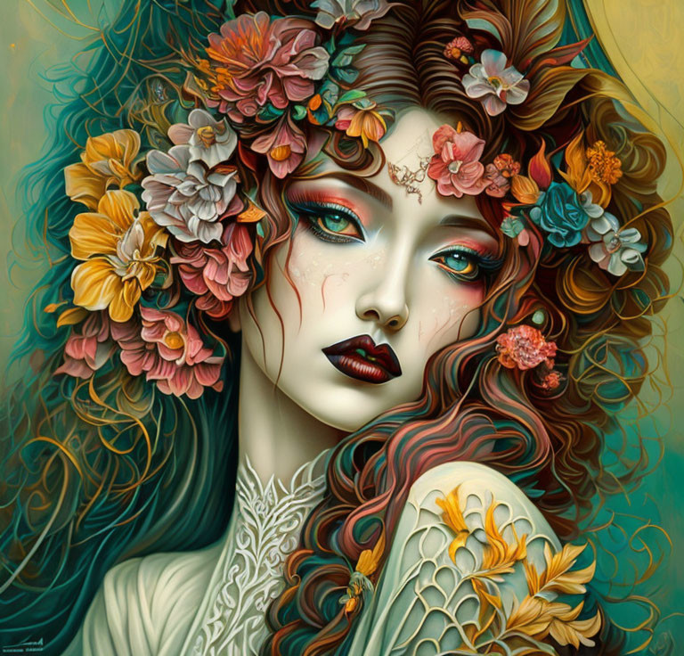 Colorful Flower Adorned Female Portrait with Surreal Style