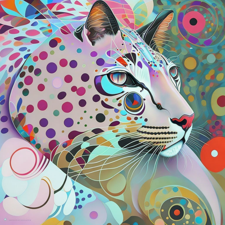 Vibrant leopard art with abstract patterns on multicolored backdrop