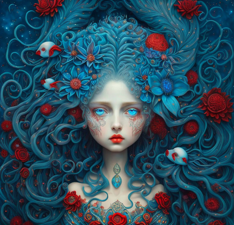 Blue-skinned female figure with floral motifs and fishes in surreal artwork