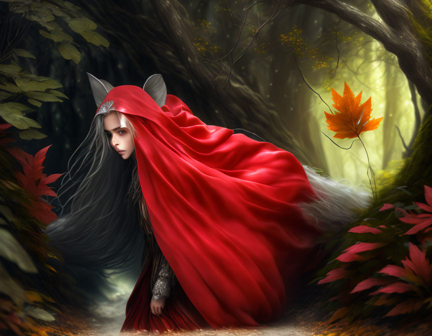 Person in Red Cloak & Silver Hairband in Mystical Forest with Autumn Leaves