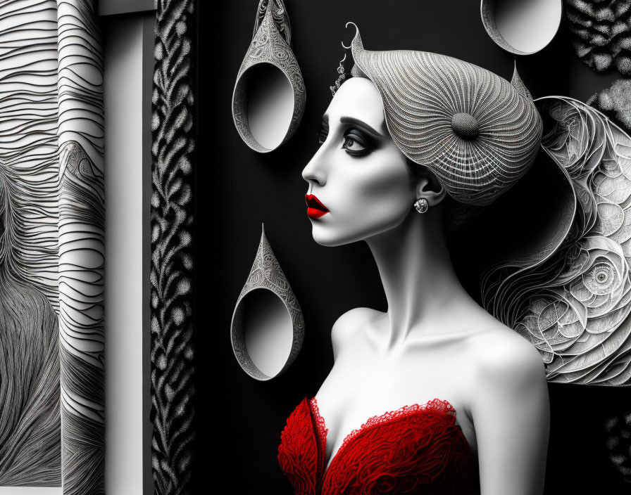 Stylish woman in monochrome with red lips and dress, intricate patterns convey elegance