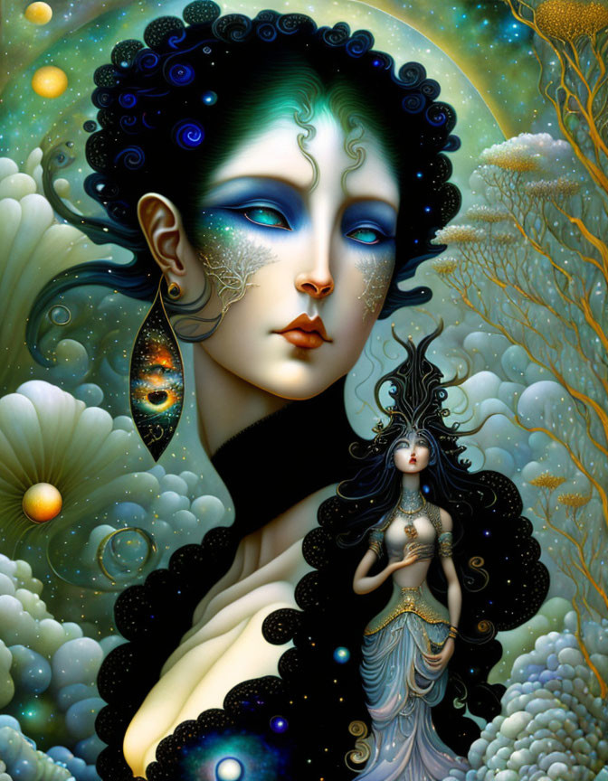 Blue-skinned woman in cosmic setting with celestial bodies and mystical aura.