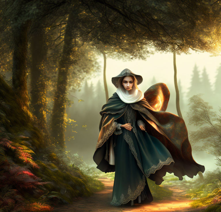 Woman in flowing cape and gown in mystical forest with sunlight piercing through trees