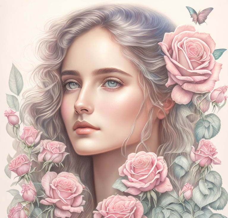 Woman with Wavy Hair Surrounded by Pink Roses in Soft Pastel Illustration