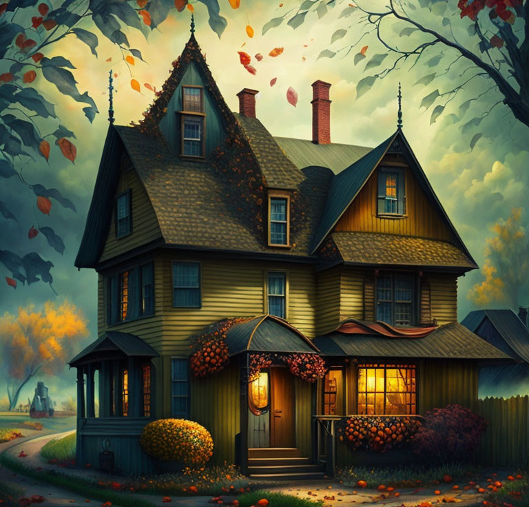 Victorian house with warm glow, autumn leaves, twilight sky, white picket fence