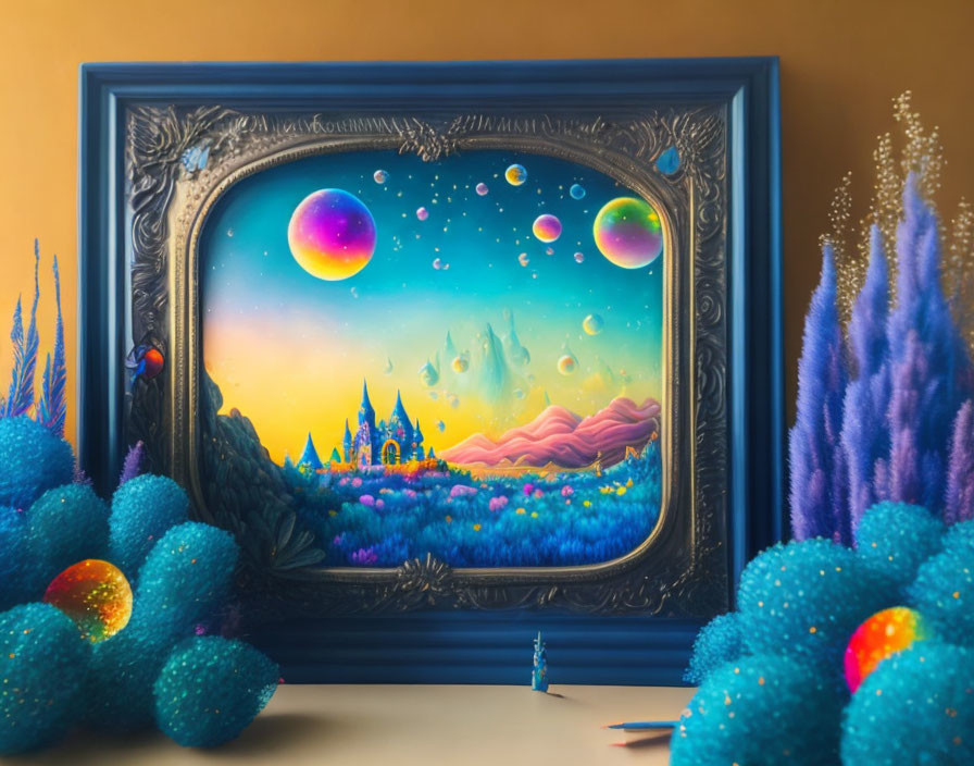 Colorful fantasy landscape painting in blue frame with flora, castles, planets, and stars on table