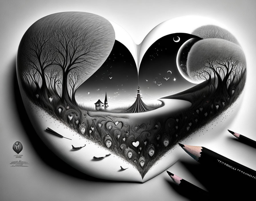 Monochromatic heart-shaped landscape with trees, moonlit sky, house, boats, and pencils