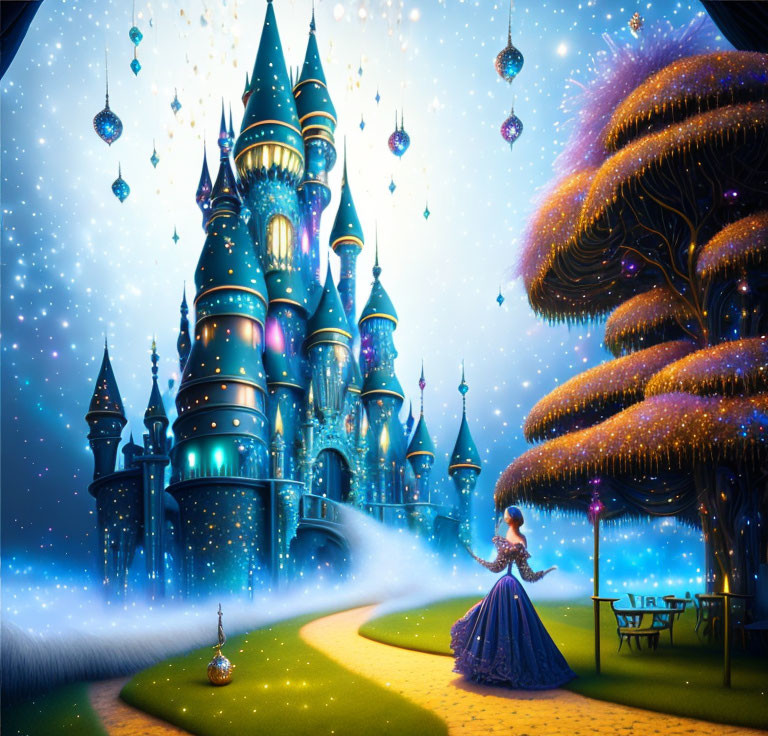 Glowing castle, woman in royal blue dress, whimsical trees, and floating lanterns in