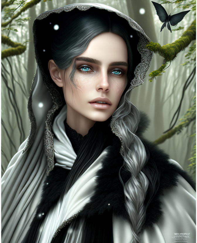 Digital artwork: Woman with blue eyes & black/silver hair in fur-trimmed cloak, enchanted