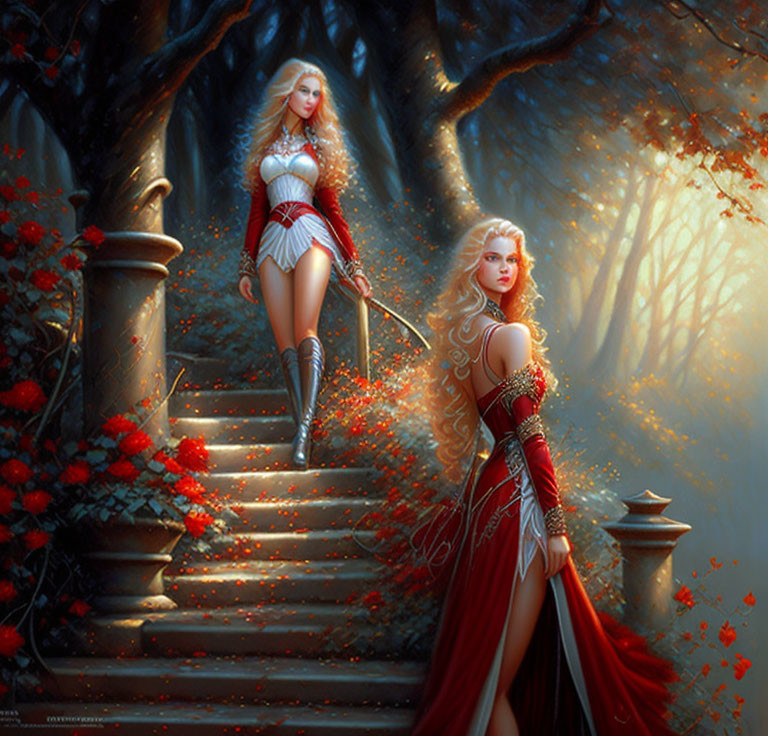 Two female warriors in red and white armor in enchanted forest setting.