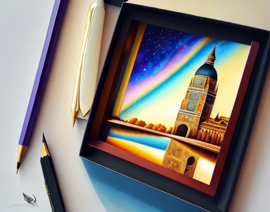 Vibrant tower illustration with starry sky in black frame