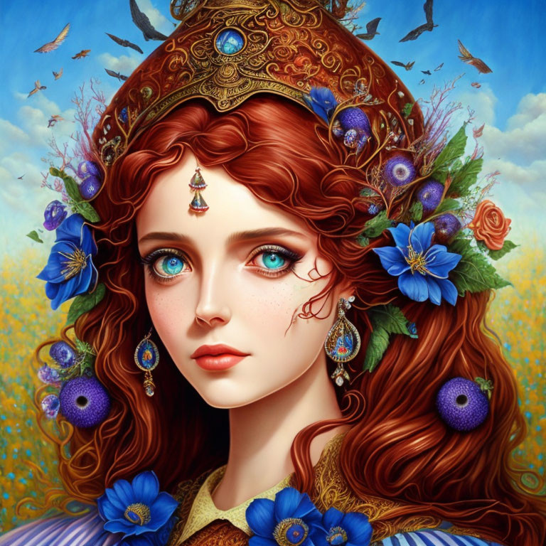 Digital art portrait of woman with red hair, jeweled crown, blue flowers, and intense blue eyes