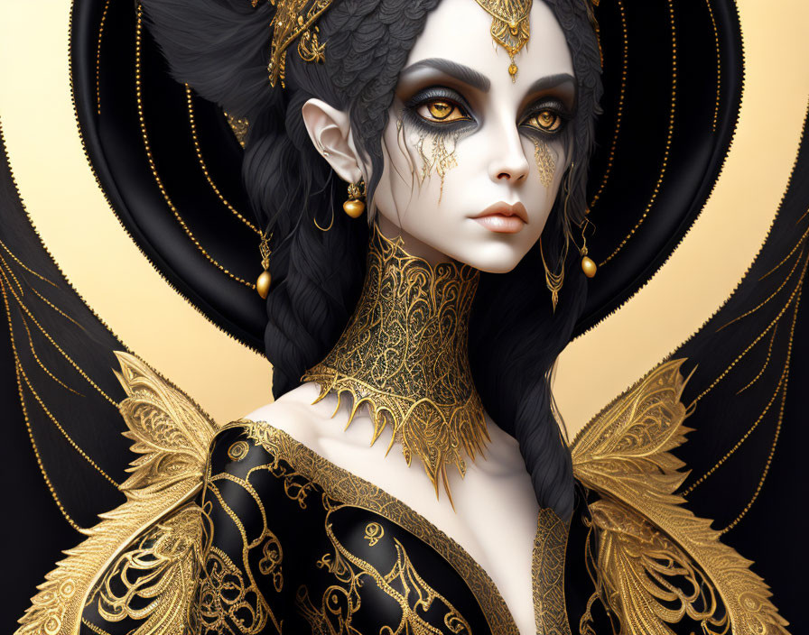 Fantasy female character portrait in gold and black attire with elf-like ears and ornate jewelry.