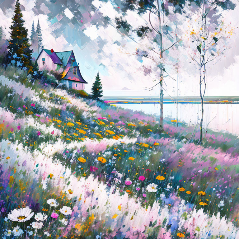 Colorful painting of house on flower-covered hillside by water