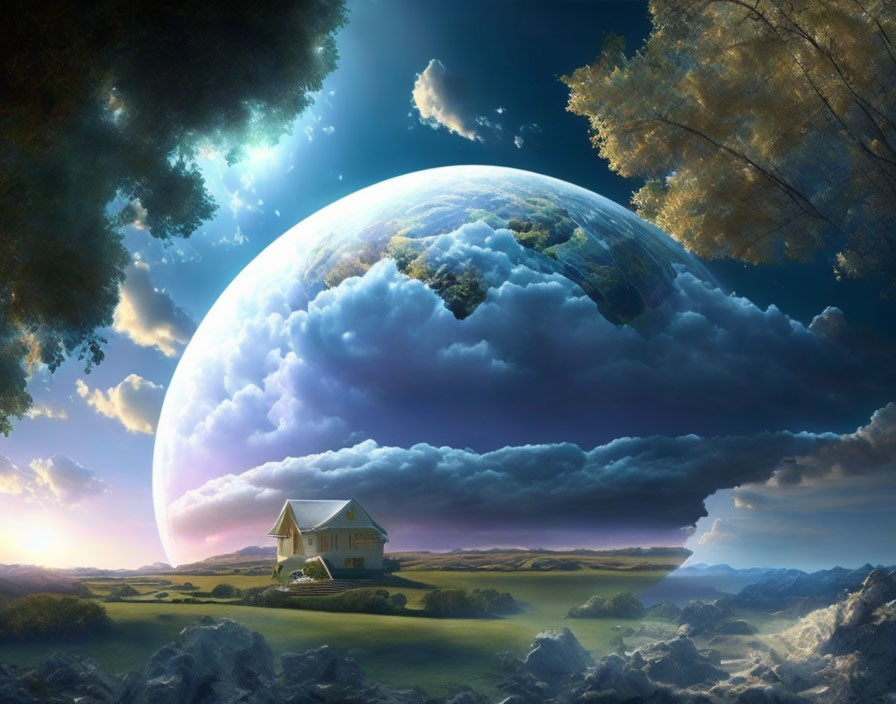 Surreal landscape with lone house, giant planet, and setting sun