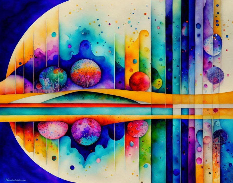 Abstract Watercolor Painting with Colorful Circles and Lines on Blue-Purple Background