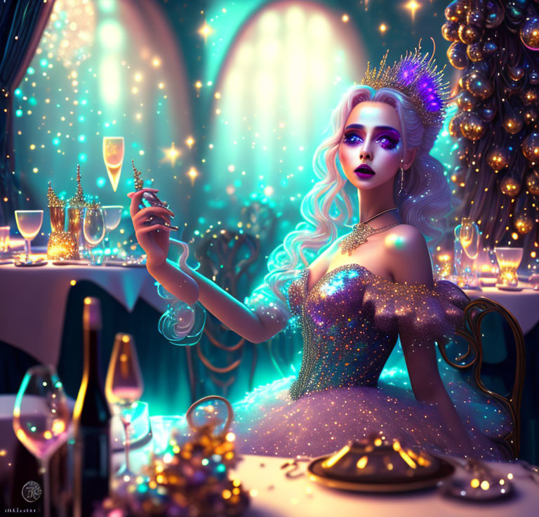 Woman in Glittering Dress at Festive Table with Champagne Glasses