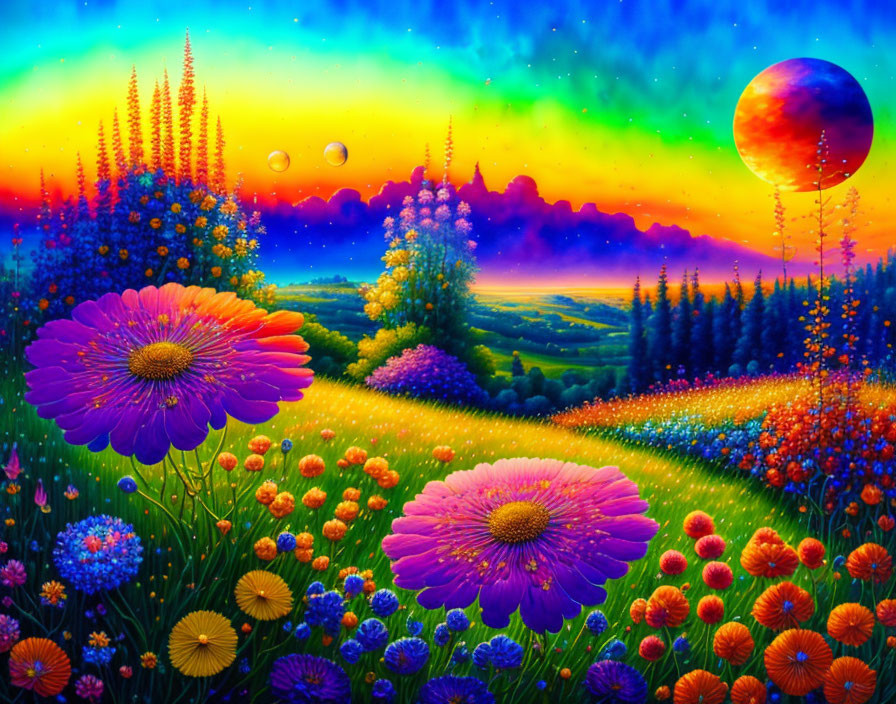 Surrealist landscape with oversized flowers, starry sky, northern lights, bubbles, large moon