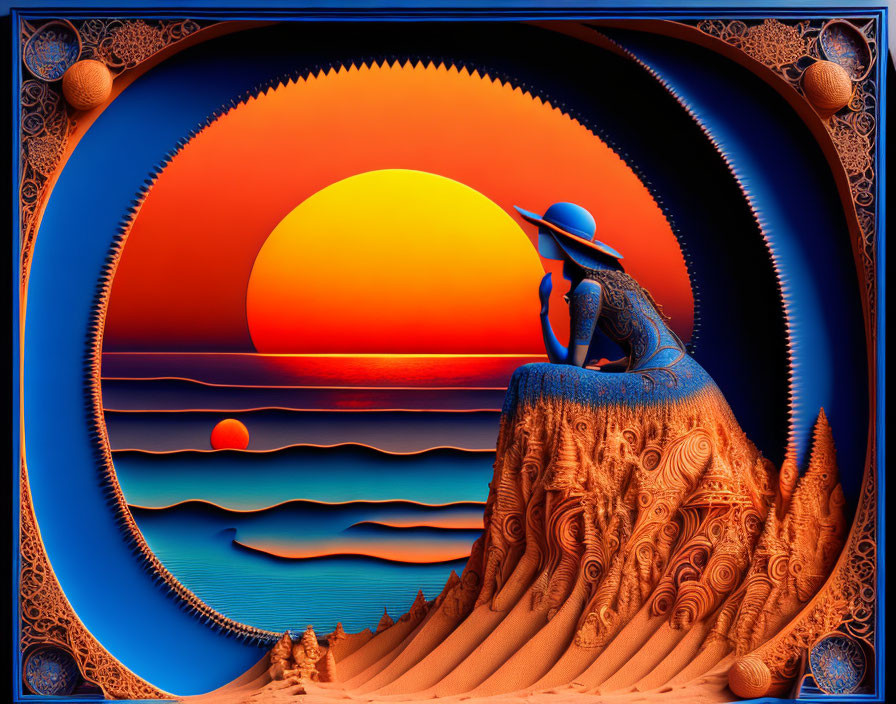 Surrealist artwork featuring figure in hat, sunset, ocean, intricate patterns, warm colors