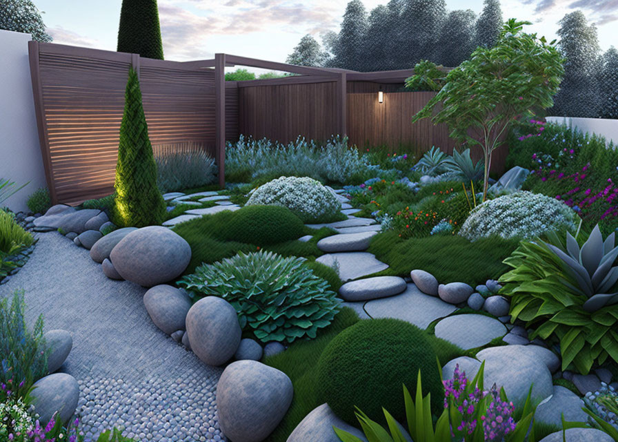 Tranquil garden with lush plants, pebble paths, and soft garden lights