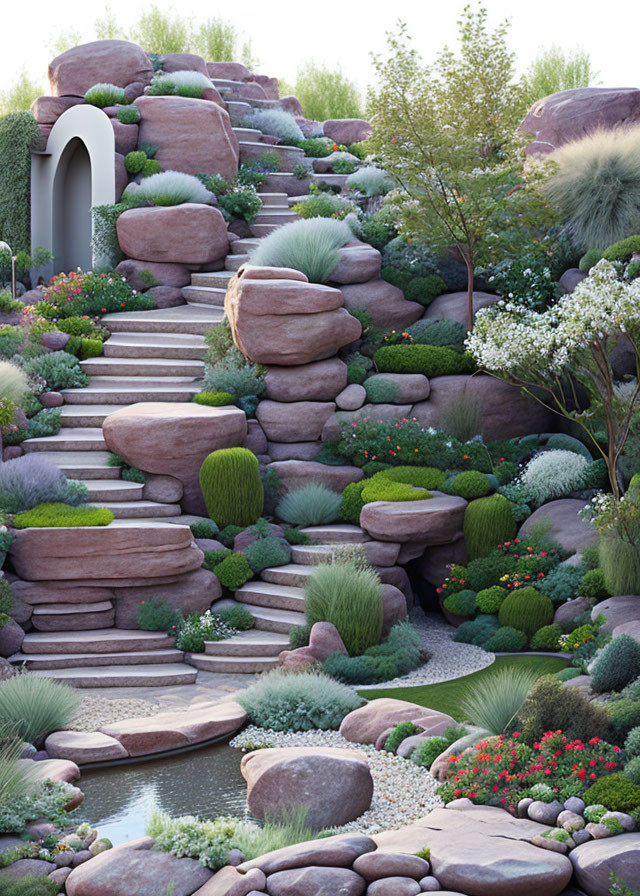 Tranquil rock garden with stone pathway, pond, and lush greenery