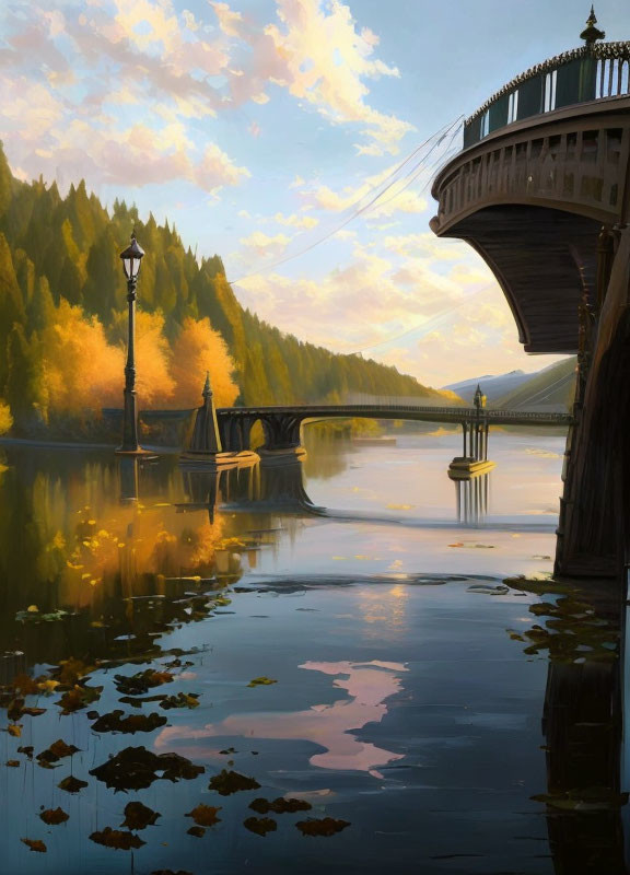 Autumn bridge over calm river with street lamps and lily pads at sunset