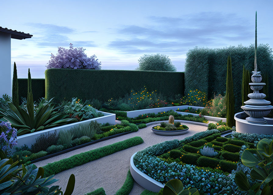 Twilight garden with manicured hedges, tiered fountain, and white walls