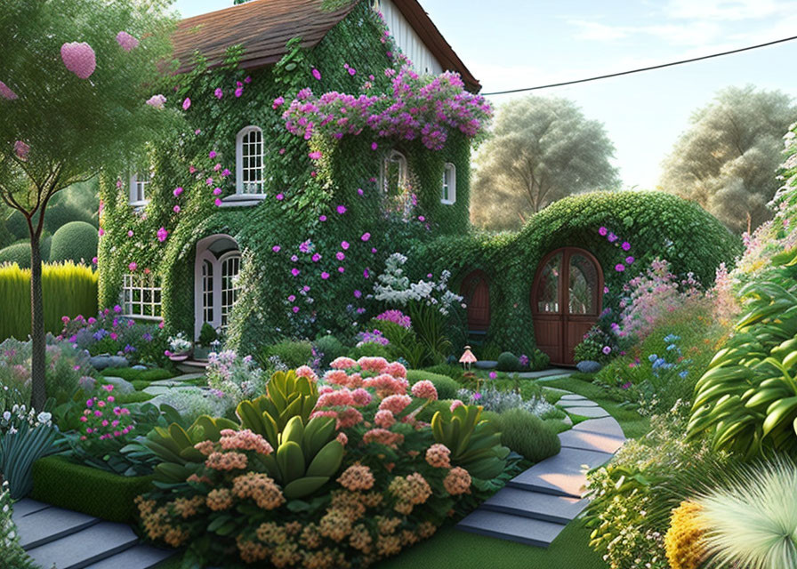 Charming cottage surrounded by lush garden and colorful flowers